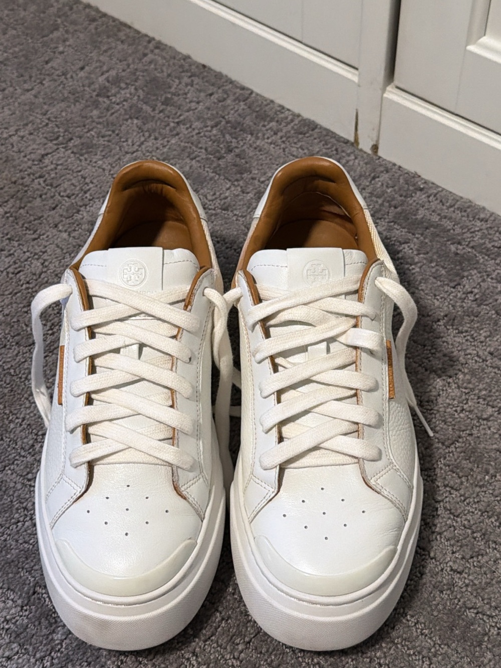 Tory Burch White Leather Sneakers with Tan Trim